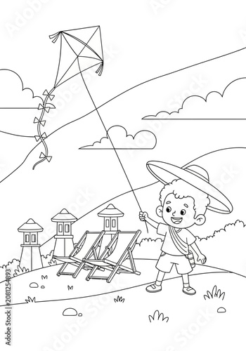 Child flying kite on sunny beach with lighthouse view.