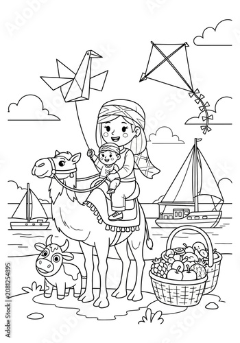 Girl riding camel with dog and kites in background.