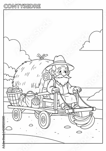 Cartoon Farmer Driving Tractor with Hay Load.