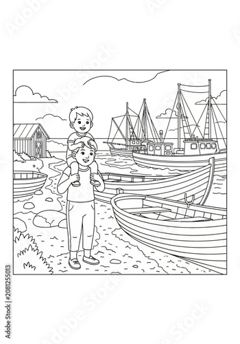 Child holding fish by harbor with boats and ships.