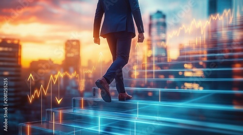 businessman in suit ascending illuminated digital stairs above a city skyline at sunset with rising financial graphs conveying ambition and progress