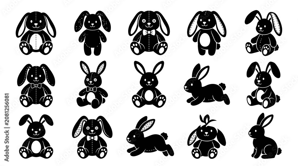 Fototapeta premium Black and White Vector Art Silhouettes of Various Cute Bunnies