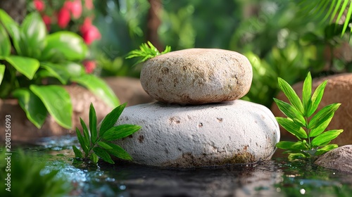 Stacked Stones In Tropical Garden With Lush Foliage And Rippling Water Surface In Soft Natural Light