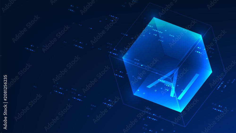 Fototapeta premium Abstract technology background digital box containing an AI system, representing artificial intelligence, data processing, intelligent analysis, machine learning, computational technology.