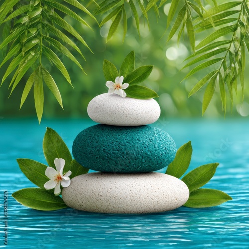 Zen Stack Of White And Turquoise Stones With Tropical Leaves And White Flowers Floating On Water
