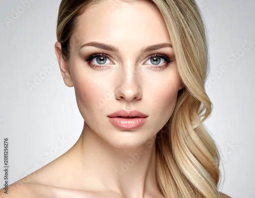 Obraz Close-up of a fair-skinned woman with blonde, wavy hair and light eyes