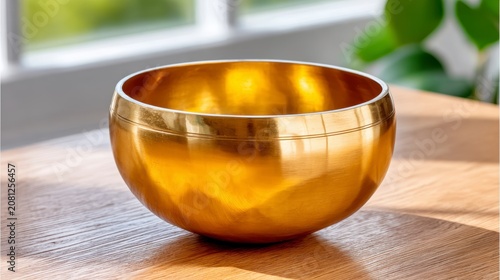 Polished Brass Singing Bowl Resting On A Wooden Table In A Bright Room With Natural Sunlight