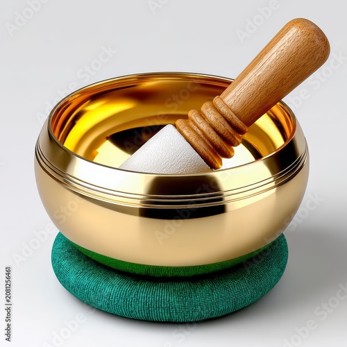 Shiny Golden Singing Bowl With Wooden Striker On Teal Cushion Against A Clean Neutral Background