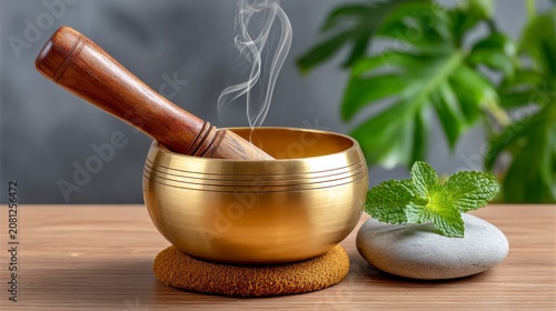 Golden Singing Bowl With Wooden Mallet And Fresh Mint Leaves On A Wooden Table