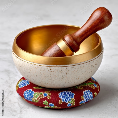 Gold And Cream Speckled Singing Bowl With Wooden Mallet On Red Floral Cushion Studio Still Life