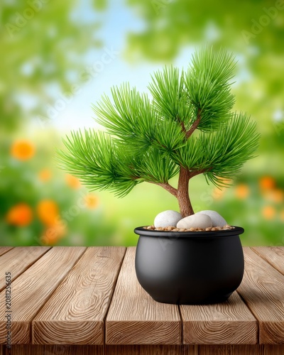 Small Green Bonsai Tree In Black Ceramic Pot On Wooden Table With Blurry Garden Background