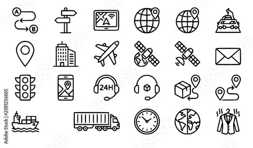Editable Thin Line Navigation Logistics and Business Icon Set Vector Collection