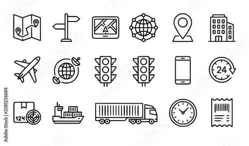 Professional Monoline Route Navigation Transport and Service Icon Set Vector