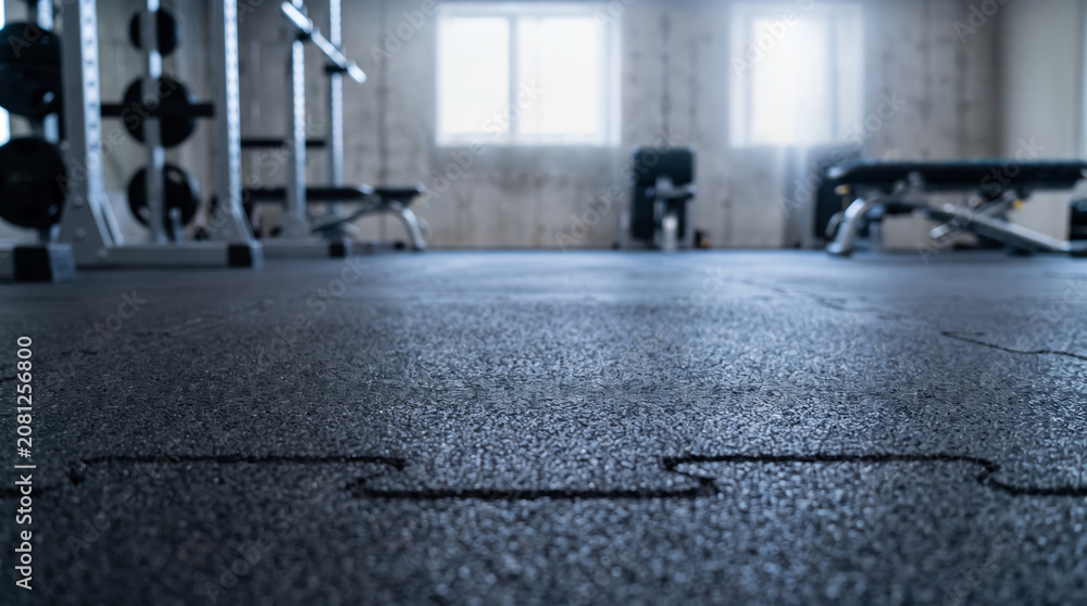 Obraz premium Industrial garage gym floor rubber detail fitness motivation workout space modern minimalist. Fitness sport exercise training. strength weight dumbbell equipment, home indoor room interior