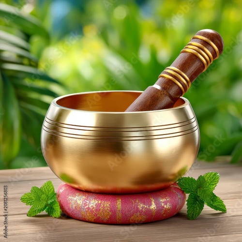 Golden Singing Bowl With Wooden Mallet On A Patterned Red Cushion With Fresh Green Mint Leaves