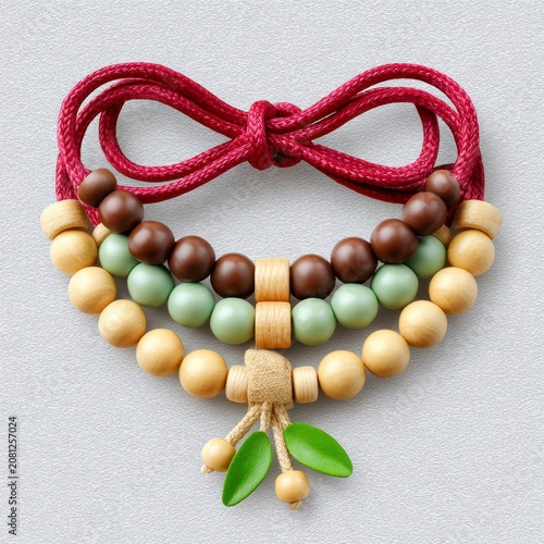 Layered Wooden Bead Bracelet With Maroon Rope And Green Leaf Charms On A Grey Textured Background