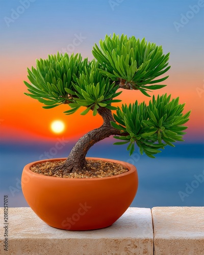 Potted Bonsai Tree On Stone Wall Against A Warm Vibrant Sunset Sky