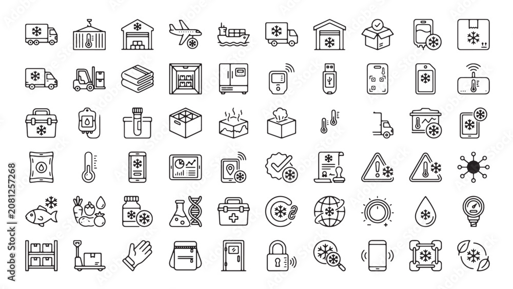 Fototapeta premium Cold chain logistics and temperature controlled shipping line icon set