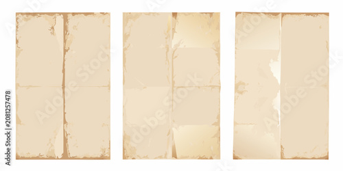 Obraz na płótnie three vertical sheets of old folded beige paper on white background texture aged