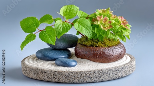 Zen Garden Miniature With Stones And Green Plant On Textured Round Platform Over Gray Background