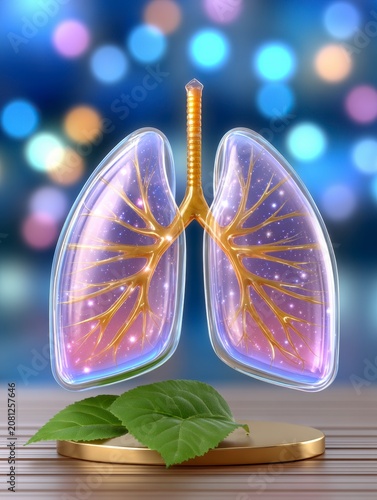 Transparent Glass Human Lungs With Golden Bronchi And Green Leaves On A Wooden Table Background