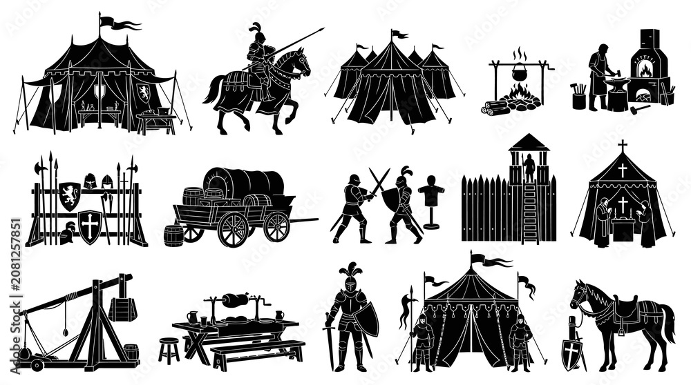 Obraz premium Medieval History Black White Glyph Icons Set - Knights, Forts, Warfare Camp Elements Silhouette Collection