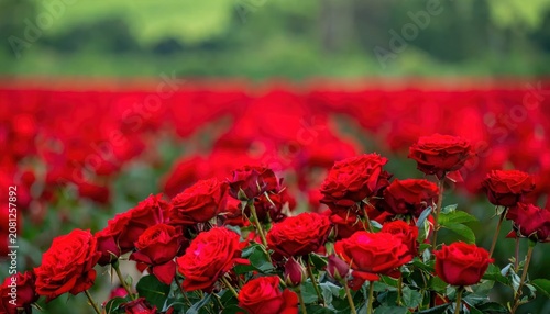 Vast Field of Vibrant Red Roses in Full Bloom Under Soft Natural Light.
