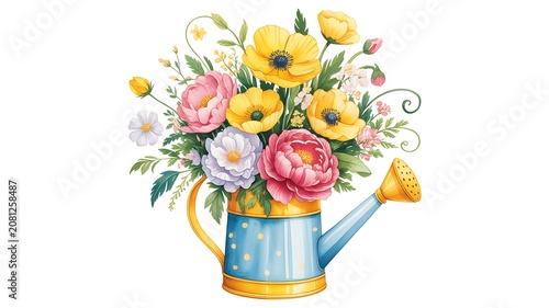 Vibrant yellow and pink flowers bloom bountifully from a blue polka dot watering can