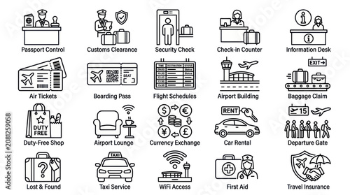 Black outline airport and travel service icons.