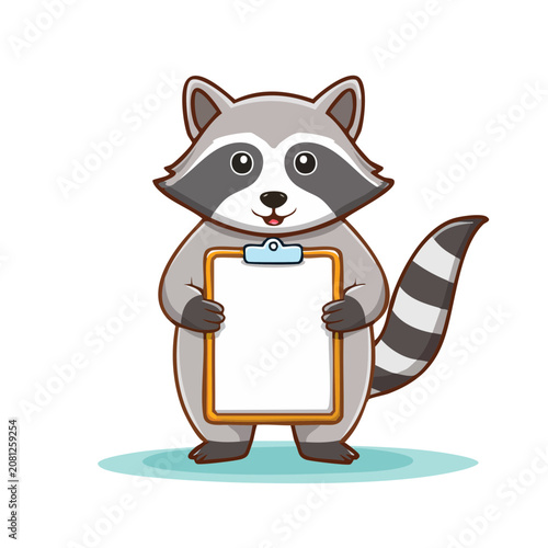 Cute cartoon raccoon holding a blank clipboard for text