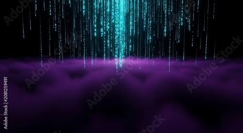 Abstract visualization of digital rain with glowing blue and teal streams descending into a swirling purple mist.