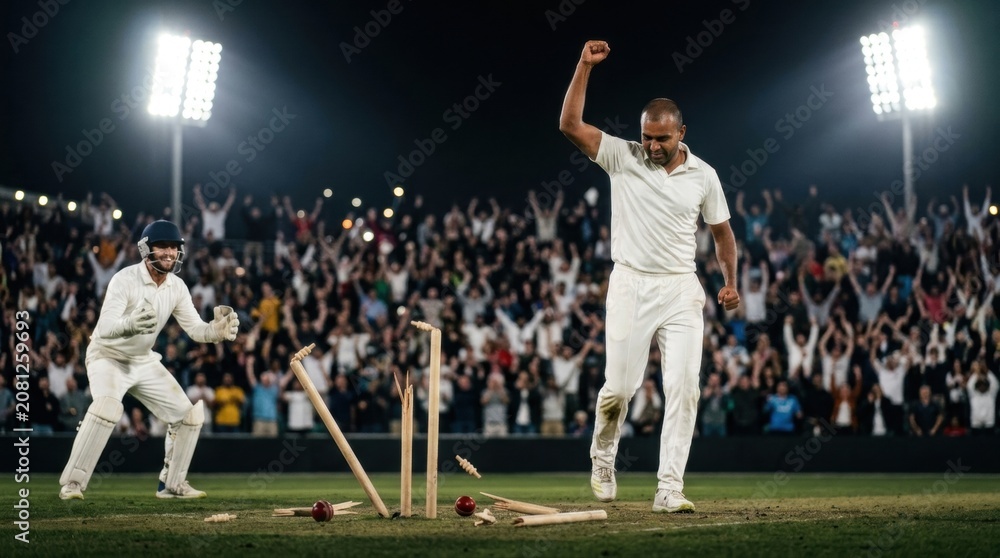 Naklejka premium A fast bowler in white test cricket kit celebrates beside three broken stumps and a red cricket ball on the grass, while a wicketkeeper crouches nearby and spectators erupt in the stands under evening