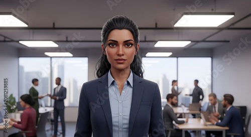 businesswoman stands at the forefront of a bustling office, symbolizing leadership and teamwork.