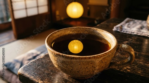 Ceramic tea cup with paper lantern reflection in a traditional room