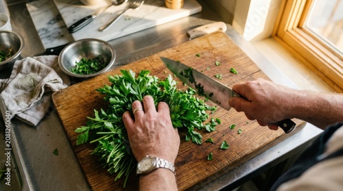 Chef chopping fresh green parsley leaves on a wooden cutting board in kitchen