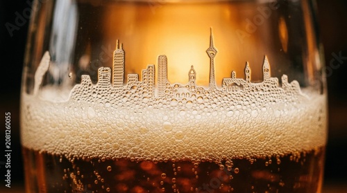 City skyline silhouette etched in beer foam on a glass close up