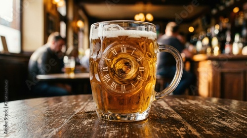 Cold mug of beer with a roman numeral clock face inside a blurry pub