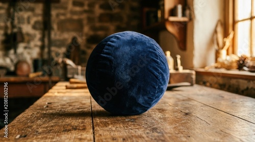 Dark blue velvet round pillow sitting on a rustic wooden table in a workshop