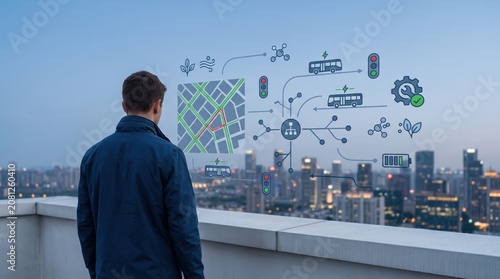 Man looking at futuristic smart city transport map, electric bus routes and traffic control system on rooftop with urban skyline background.