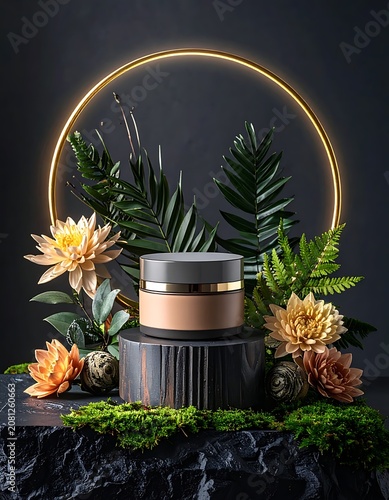 A product display with flowers and leaves on a black stone