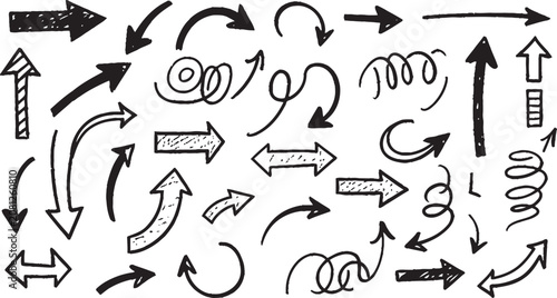 Hand drawn arrow collection diverse black and white sketch for presentations and infographics