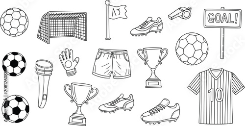 Soccer equipment and accessories line drawings
