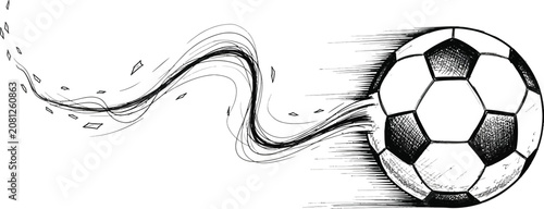 Dynamic soccer ball sketch black and white illustration of a fast moving football