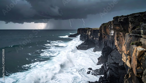 A rocky coastline under a stormy sky with lightning (1)