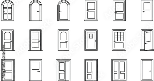 Collection of linear door icons diverse styles for architectural and interior design projects