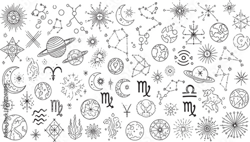 Celestial pattern hand drawn astrology planets stars and zodiac symbols for mystical designs