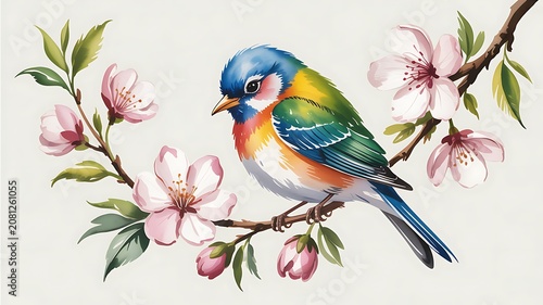 Vivid watercolor bird resting gently on a blossoming pink cherry tree branch