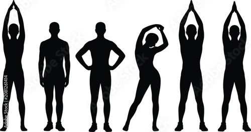Fotografie Fitness people silhouette vector set, featuring athletes warming up and stretchi