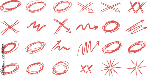 Hand drawn scribble collection red sketchy lines circles arrows and x marks for design elements