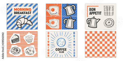 Photos retro diner menu cards vector illustration breakfast coffee croissant muffin egg